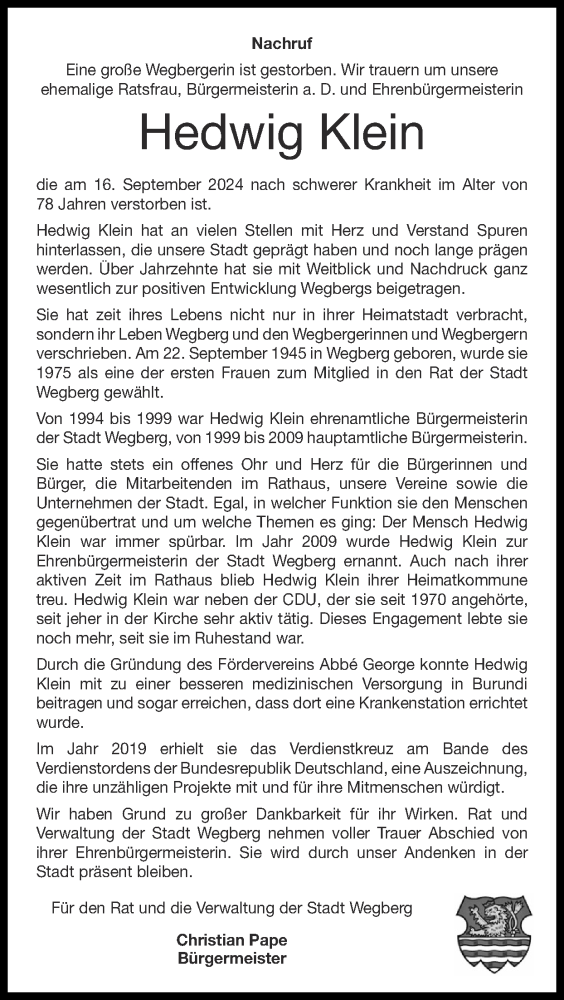 Traueranzeige Hedwig Klein - Stadt Wegberg