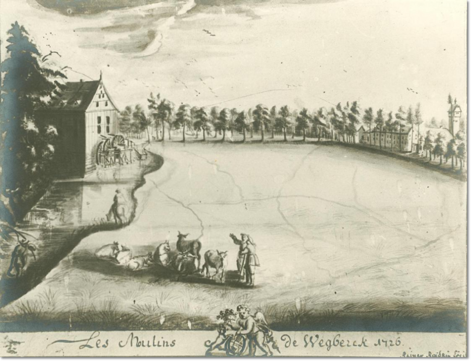 Tuschezeichnung "Les Moulins de Wegberck 1726" von René Roidkin